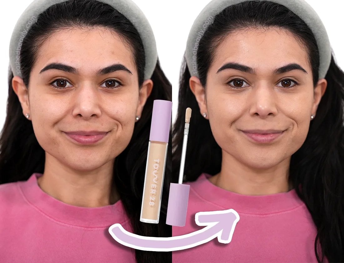tower-28-6-ie-before-after | Slashed Beauty Side by side face photos showing before and after applying Tower 28 concealer in 6.0 I.E. | Tower 28 Swipe All Over Serum Concealer Review on Dry Skin | Slashed Beauty