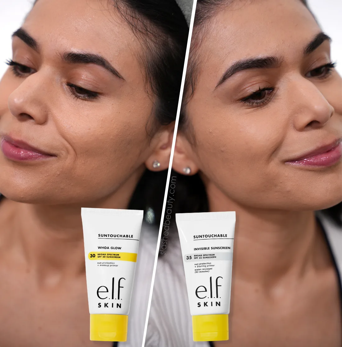 elf-suntouchable-primers-difference | Slashed Beauty Two close up face photos showing e.l.f. Suntouchable Woah Glow Sunscreen Primer vs. Invisible Sunscreen applied under foundation. The Woah Glow side is glowy but accentuates texture. The Invisible Primer side is blurred and more balanced looking. | Slashed Beauty