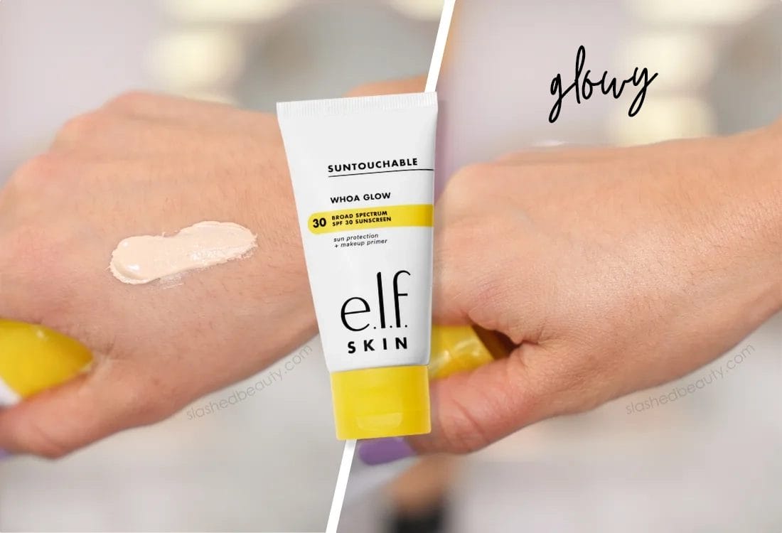 elf-woah-glow | Slashed Beauty Two photos: On the left, a close up of hand with e.l.f. Woah Glow Sunscreen Primer applied. On the right, the sunscreen is rubbed in to show a glowy appearance. | e.l.f. Suntouchable Woah Glow vs Invisible Sunscreen... What's the Difference?| Slashed Beauty