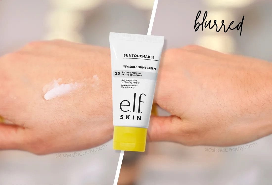 image | Slashed Beauty Two photos: On the left, a close up of hand with e.l.f. Suntouchable Invisible Sunscreen applied. On the right, the sunscreen is rubbed in to show a blurred appearance. | e.l.f. Suntouchable Woah Glow vs Invisible Sunscreen | Slashed Beauty