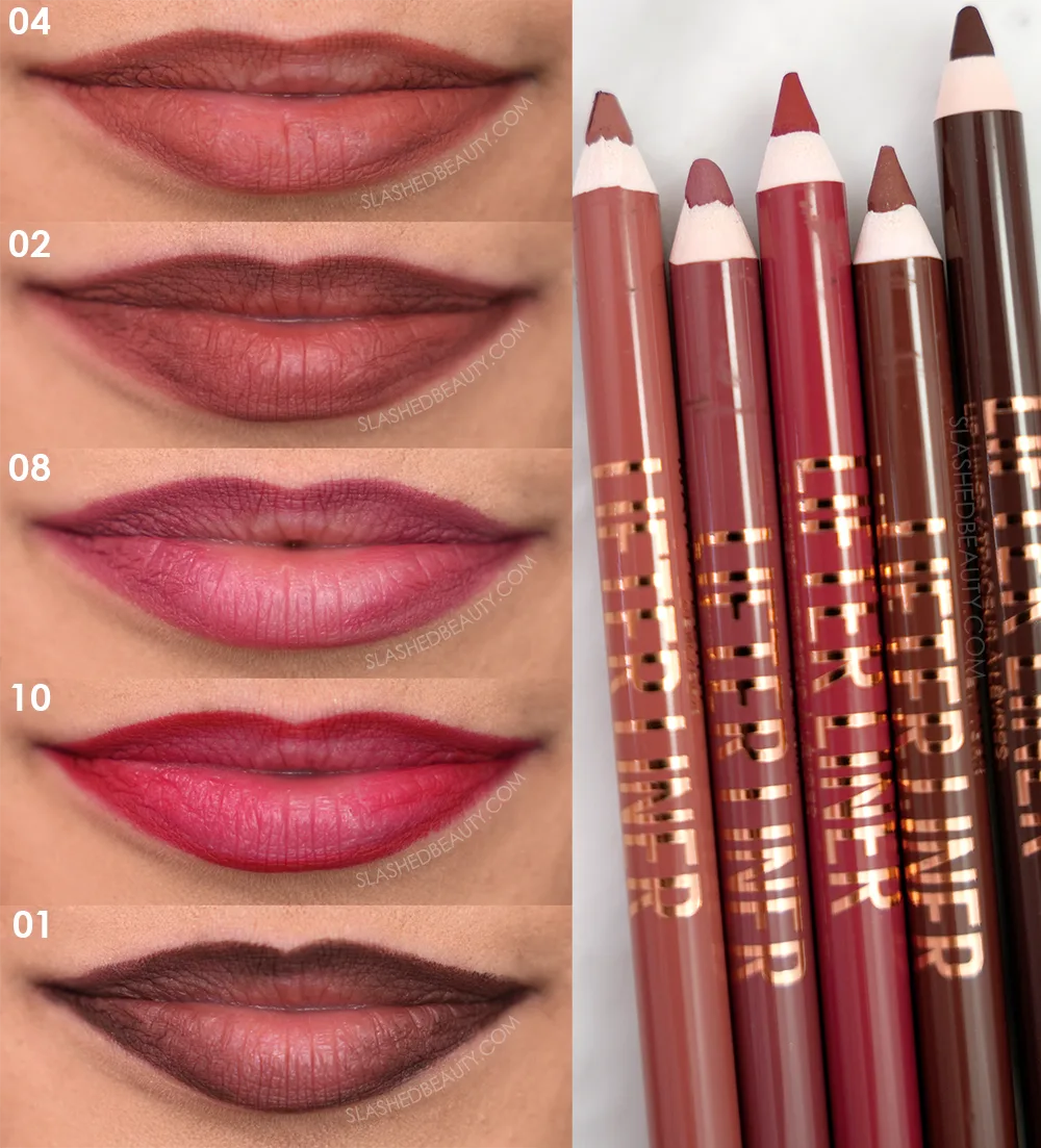 maybelline-lifter-liner-lip-swatches | Slashed Beauty On the left side of the image, five stacked close up lip swatches of Maybelline Lifter Liners in Out of Line, Let's Bounce, Fine Line, Main Character, and Cross the Line. On the right side of the image, close up image of the pencils. | Slashed Beauty