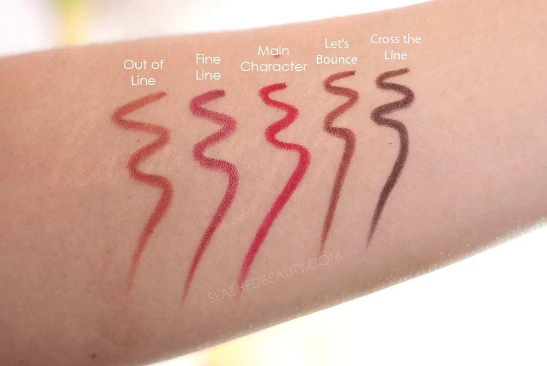 maybelline-lifter-liner-swatches | Slashed Beauty Swatches of Maybelline Lifter Liners in Out of Line, Let's Bounce, Fine Line, Main Character, and Cross the Line. | Slashed Beauty