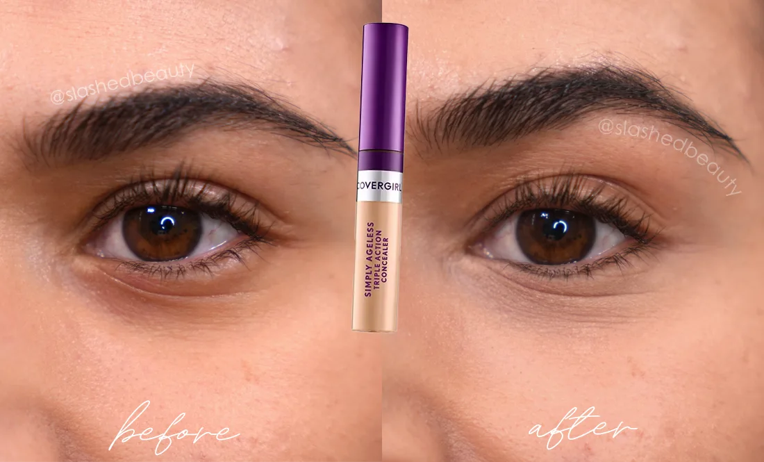 before-after-covergirl-simply-ageless-concealer | Slashed Beauty Close up of eyes side-by-side before and after applying Covergirl Simply Ageless Triple Action Concealer | Ranking the Best Drugstore Under Eye Concealers | Slashed Beauty