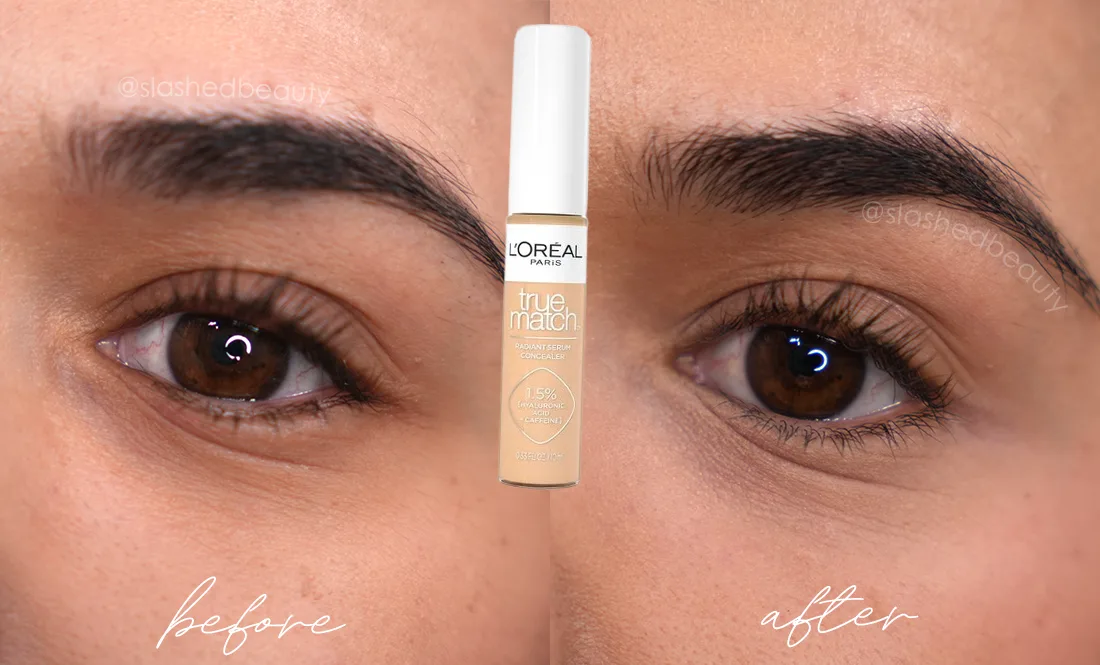 before-after-loreal-true-match-serum-concealer | Slashed Beauty Close up of eyes side-by-side before and after applying L'Oreal True Match Radiant Serum Concealer | Ranking the Best Drugstore Under Eye Concealers | Slashed Beauty