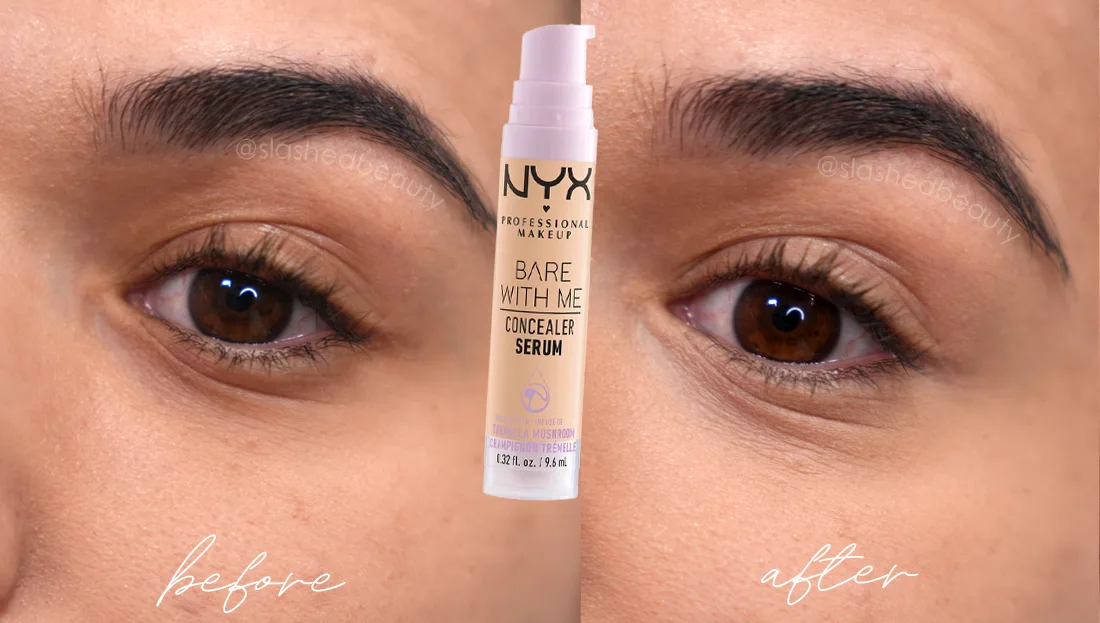 before-after-nyx-bare-with-me-concealer-serum-hybrid | Slashed Beauty Close up of eyes side-by-side before and after applying NYX Bare With Me Concealer Serum | Ranking the Best Drugstore Under Eye Concealers | Slashed Beauty