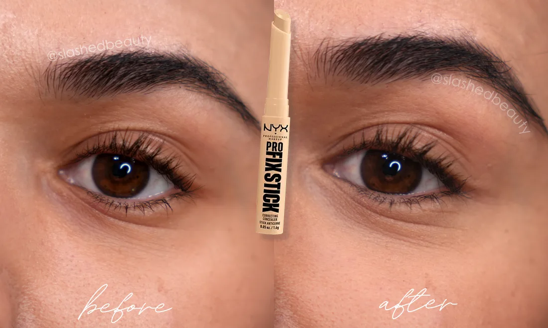 nyx-pro-fix-stick-before-after | Slashed Beauty Close up of eyes side-by-side before and after applying NYX Pro Fix Stick Concealer | Ranking the Best Drugstore Under Eye Concealers | Slashed Beauty