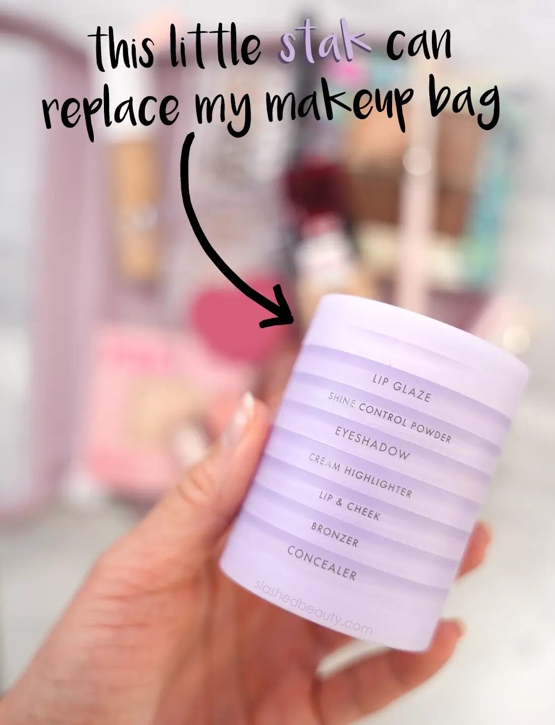 subtl-beauty-review | Slashed Beauty Close up of Subtl Stak with a full makeup bag in the background. Text overlay reads "This little stak can replace my makeup bag." | Slashed Beauty