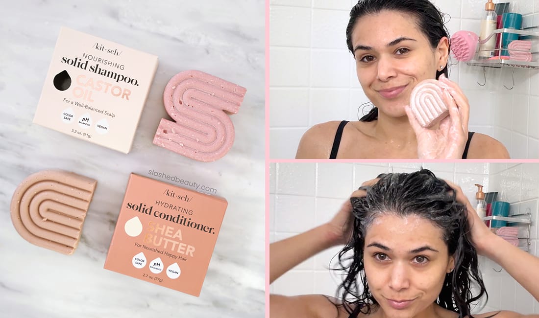 slashedbeautycom - 1 | Slashed Beauty Collage showing Kitsch Nourishing Castor Oil Solid Shampoo and Hydrating Shea Butter Solid Conditioner on marble surface next to boxes. On the right, an image of Miranda in the shower holding up the lathered conditioner bar. Below it, a photo of Miranda lathering the conditioner through her hair. | Sustainable Beauty Swaps | Slashed Beauty