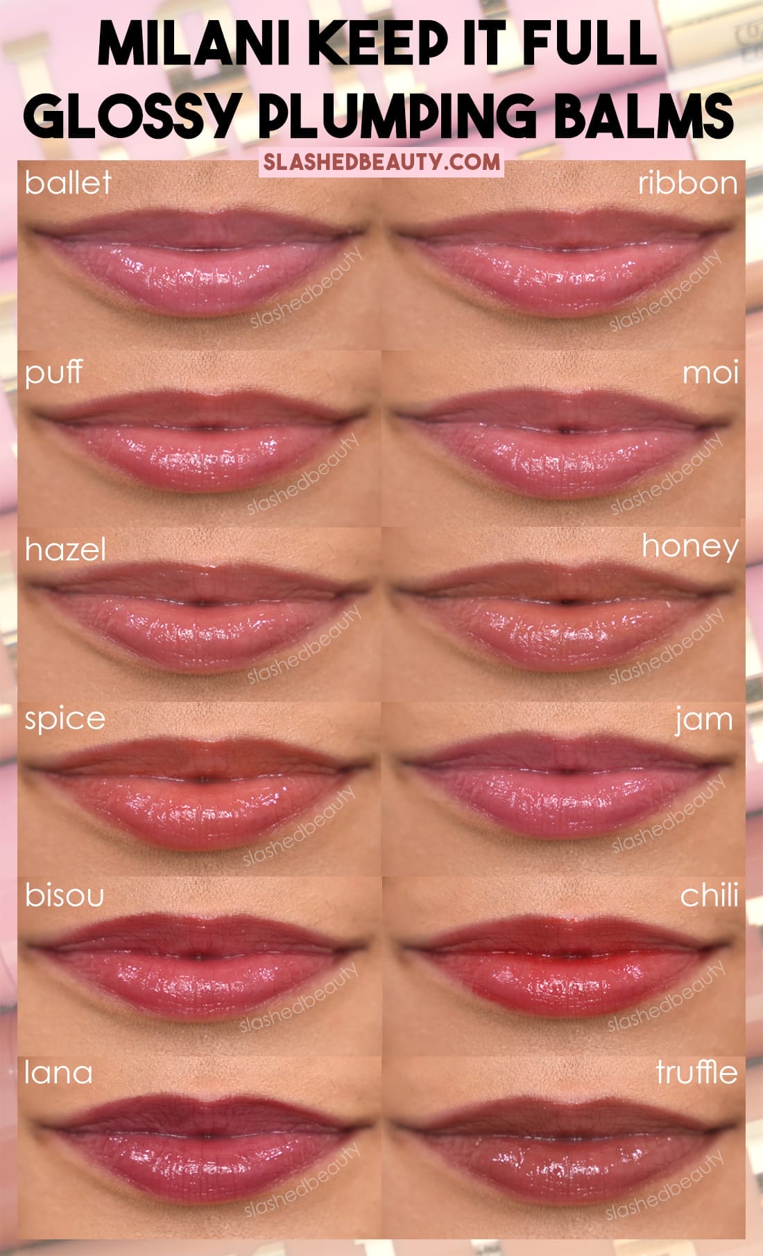 milani-keep-it-full-glossy-plumping-balm-swatches | Slashed Beauty Close up lip swatches of Milani Keep It Full Glossy Plumping Balms with shade labels: Ballet, Ribbon, Puff, Moi, Hazel, Honey, Spice, Jam, Bisou, Chili, Lana and Truffle | Slashed Beauty