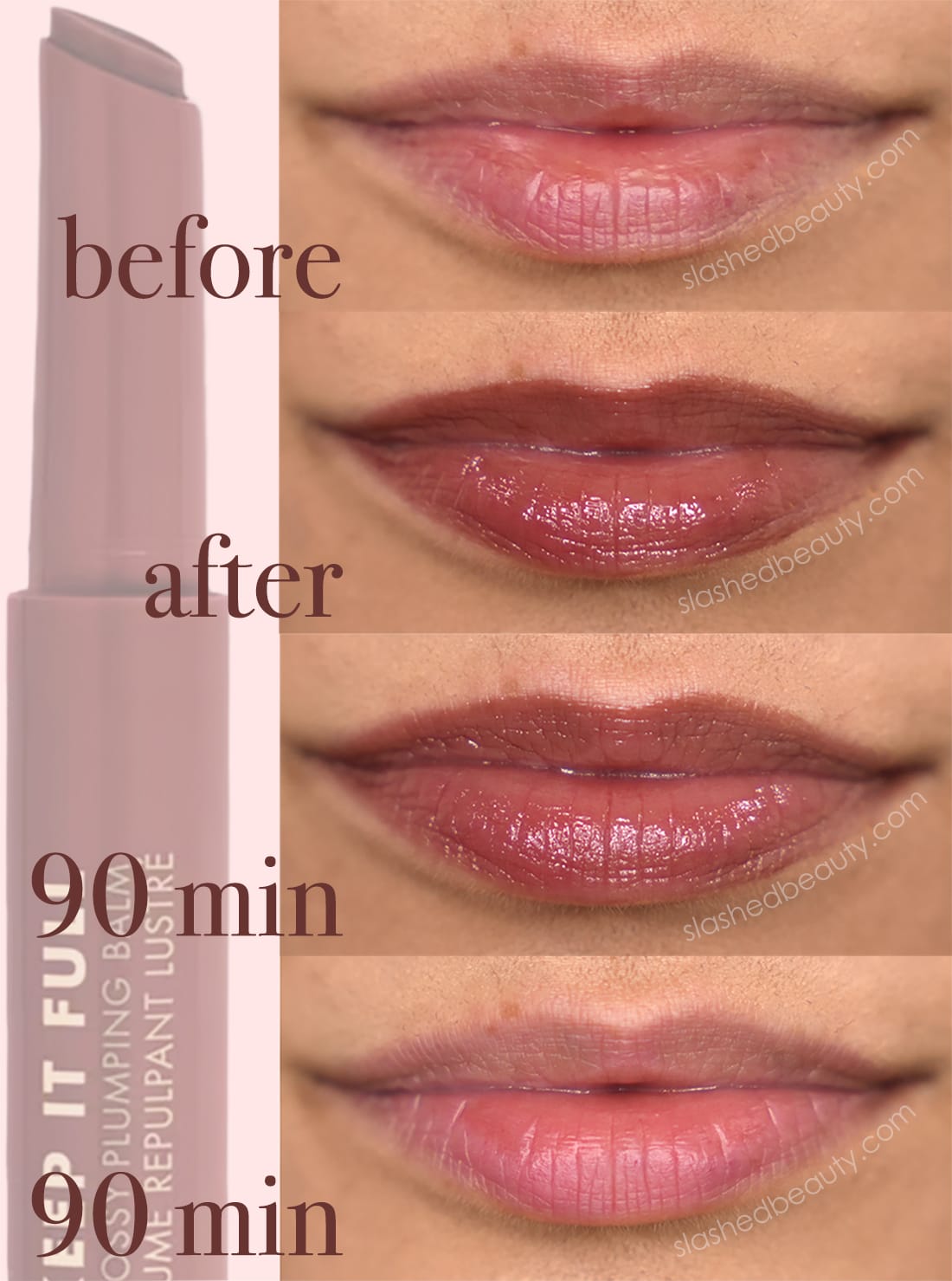 milani-keep-it-full-plumping-balm-before-after | Slashed Beauty Collage of close up lip pictures before and after applying Milani Keep It Full Glossy Plumping Balm. The first shows bare lips before applying balm. The second shows after applying Truffle. The third shows the lip plumping effect after 90 minutes. The last photo shows the plumping effect with the color removed. | Slashed Beauty