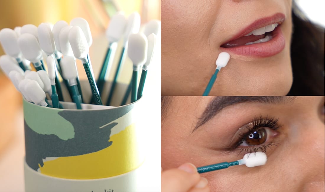 slashedbeautycom - 1 | Slashed Beauty Close up of Beauty Swabs in Combo Kit packaging next to two close ups of Miranda touching up makeup using the beauty swab: adding concealer to lip line and removing mascara smudges under eye. | Sustainable Beauty Swaps | Slashed Beauty