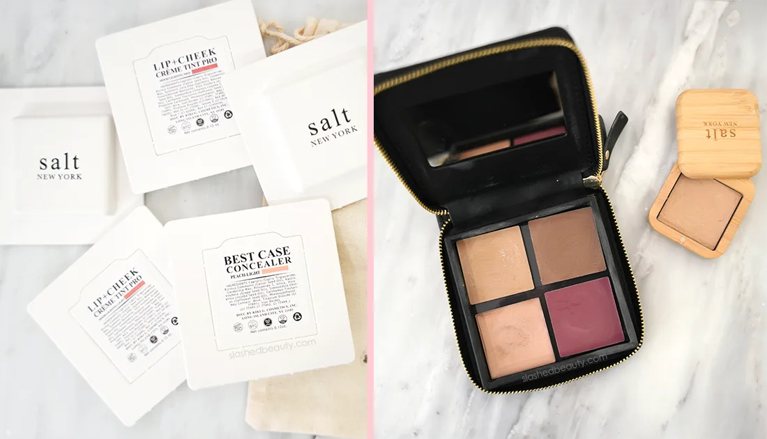 salt-new-york-refillable-makeup | Slashed Beauty Salt New York makeup in paper packaging, shown next to photo of the makeup pans placed in the Zipper Case and Single Compact. | Sustainable Beauty Swaps | Slashed Beauty