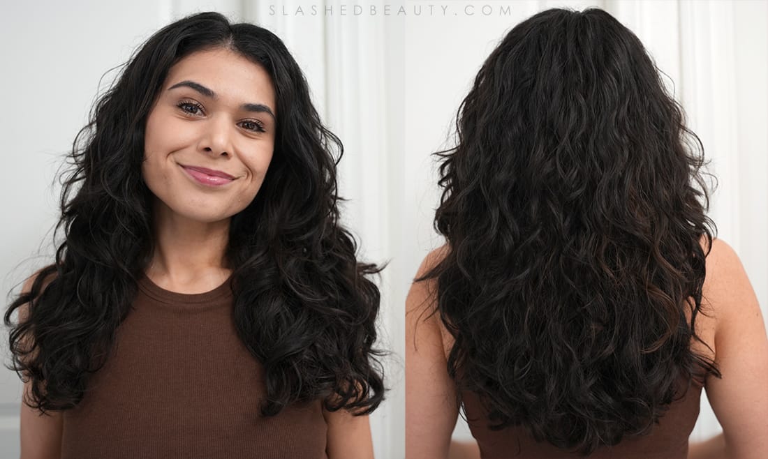 solid-shampoo-curly-wavy-hair | Slashed Beauty Two side by side photos after using the Kitsch solid shampoo and conditioner bars: one of Miranda smiling to camera wearing her hair parted in the middle with bouncy waves. Next to a photo of her hair from the back. | Kitsch Solid Shampoo & Conditioner Review for Wavy Hair | Slashed Beauty