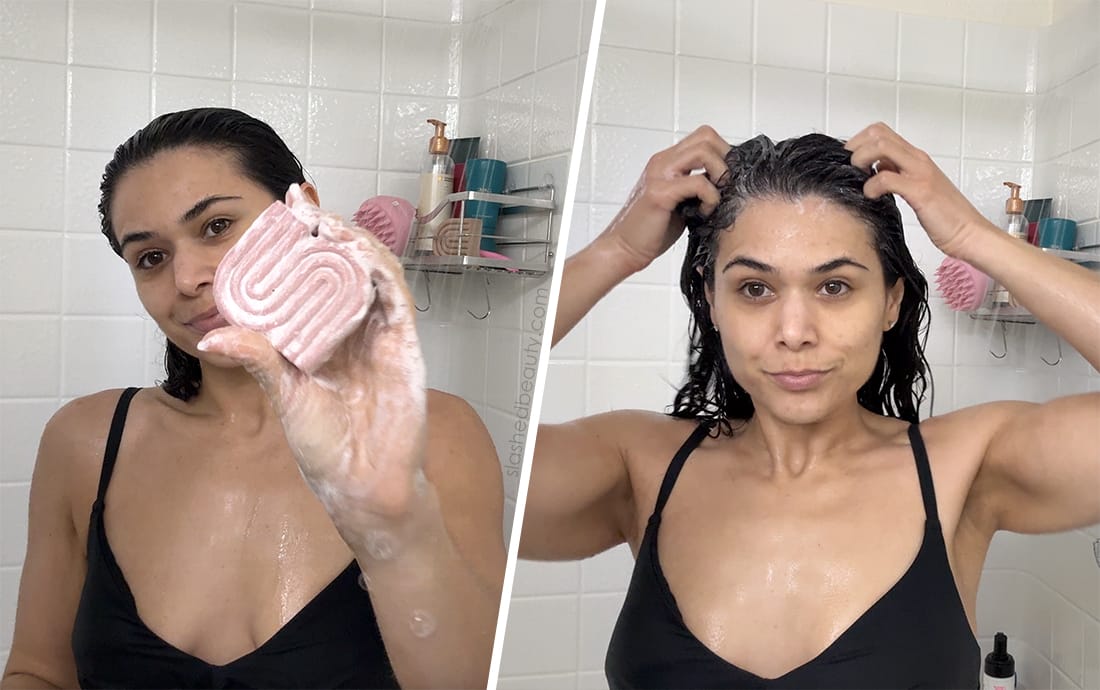 using-kitsch-shampoo-bar | Slashed Beauty Two side by side photos: Miranda in shower holding up Kitsch solid shampoo bar covered in suds, then working the suds into her hair. | Kitsch Solid Shampoo & Conditioner Review for Wavy Hair | Slashed Beauty
