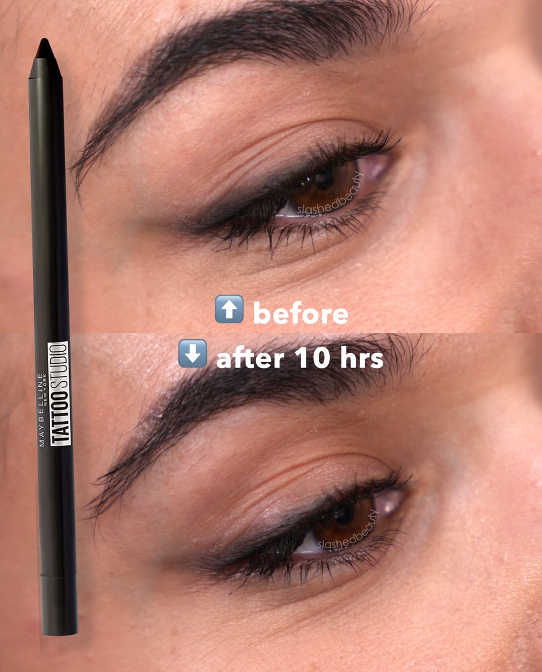 maybelline-tattoo-gel-liner-before-after copy | Slashed Beauty Close up of two eyes wearing Maybelline Tattoo Studio Sharpenable Gel Eyeliner. Top picture labeled "Before," bottom picture labeled "After 10 hours" showing some fading and patchiness. | Slashed Beauty